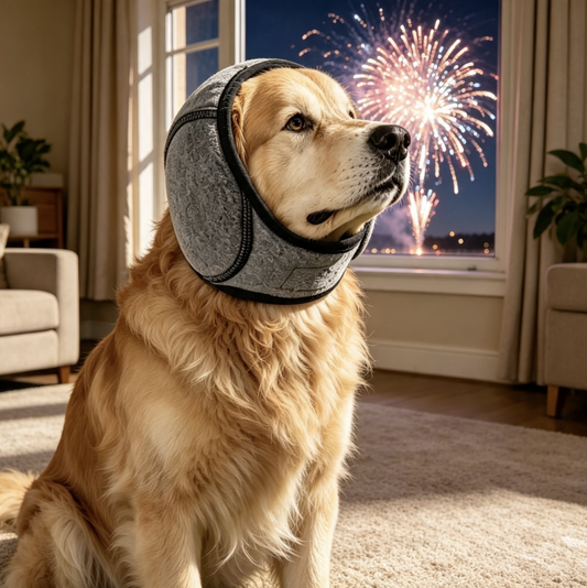 Perro tranquilo con orejeras Galorax viendo fuegos artificiales
